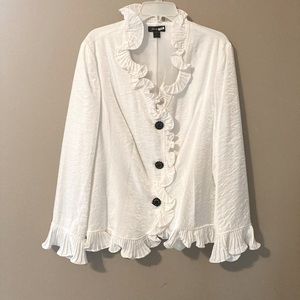 Formal jacket with ruffle detailing at neck, center front and sleeves